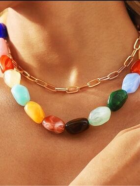 Anthropologie Multicolor Beaded Necklace with Gold Link Chain